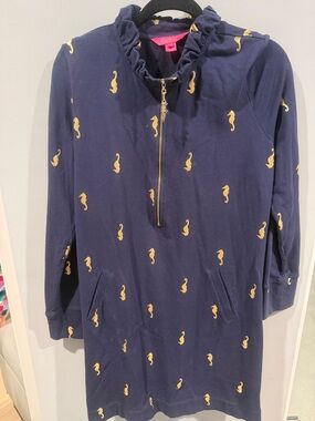 Lilly Pulitzer Navy Midi Dress with Yellow Seahorse Print